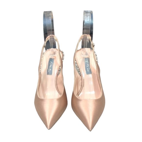 SJP by Sarah Jessica Parker Cy Pointed Toe Slingback Heel Nude Satin $495 - Picture 4 of 10